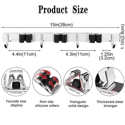 5 Racks and 4 Hooks Mop and Broom Holder Wall Mount, Broom Organizer Storage Tool Racks Stainless Steel Heavy Duty Hooks Self Adhesive Solid Non-slip for Home Kitchen Garden Laundry Garage