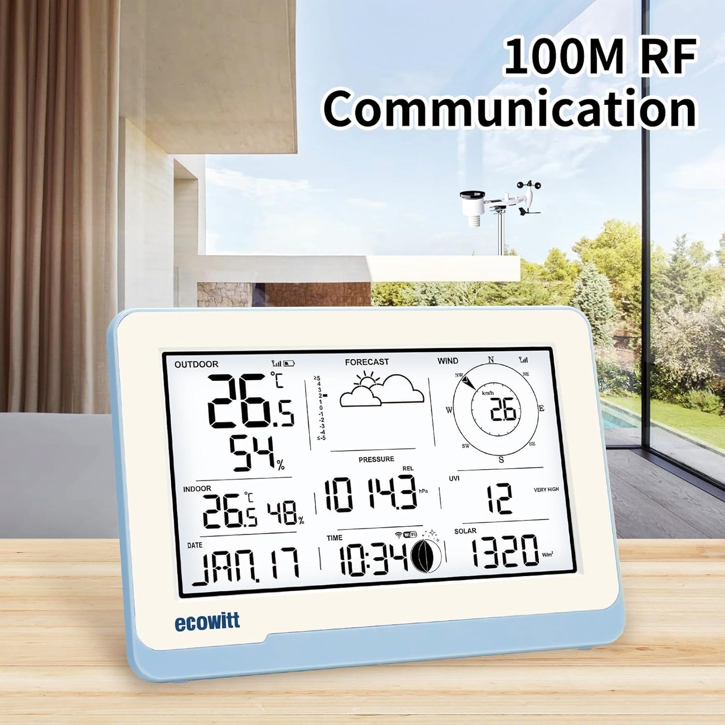 ECOWITT WS2910 Wi-Fi Weather Station Color Display with Wireless Outdoor Solar Powered 7-in-1 Weather Sensor (Thermo-Hygrometer/Rain Gauge/Wind Speed Sensor/Wind Direction Sensor, Light and UV)