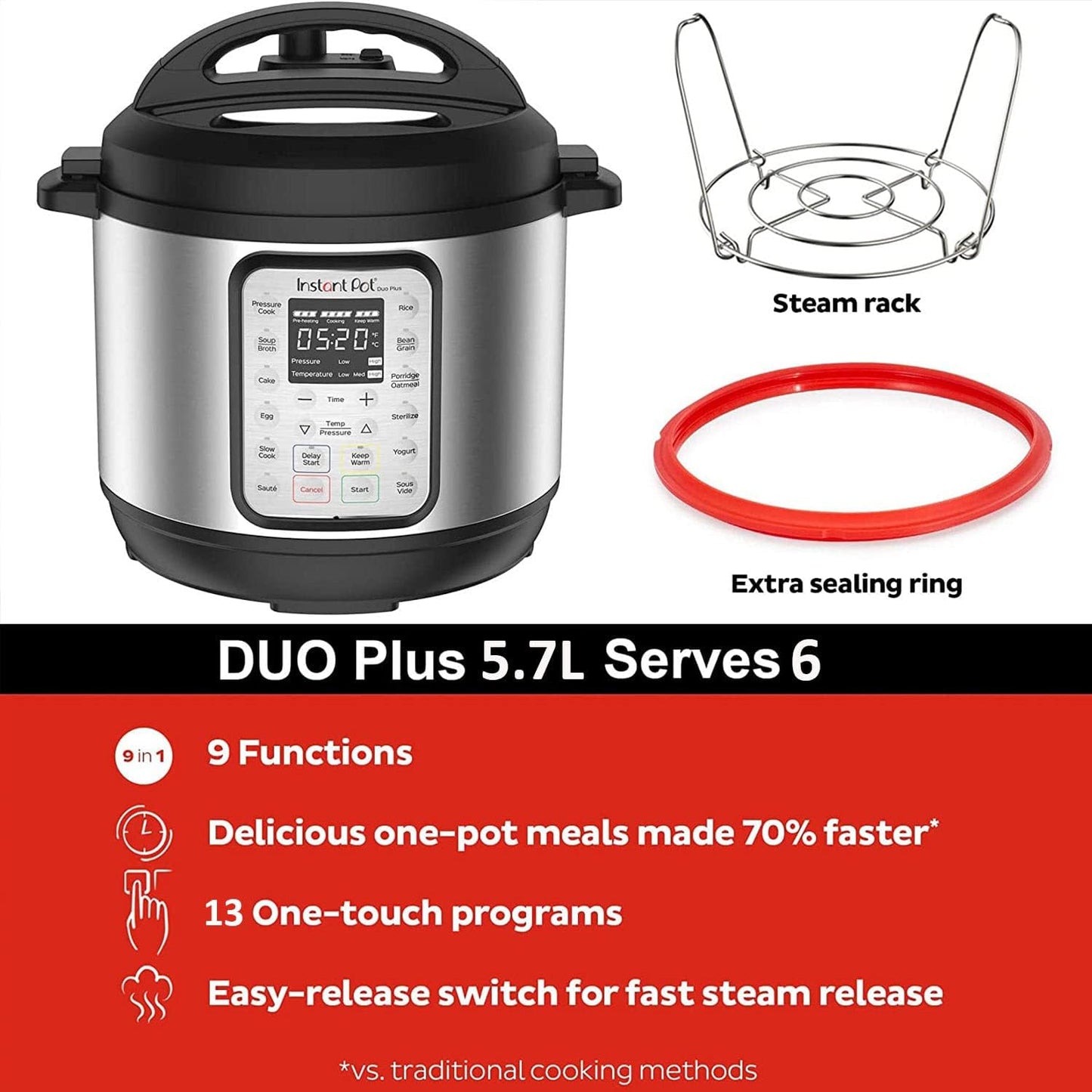 Instant Pot Duo 7-in-1 Multicooker, 5.7L - Pressure Cooker, Slow Cooker, Rice Cooker, Sauté Pan, Yogurt Maker, Steamer and Food Warmer, Brushed Stainless Steel,Black/ Grey