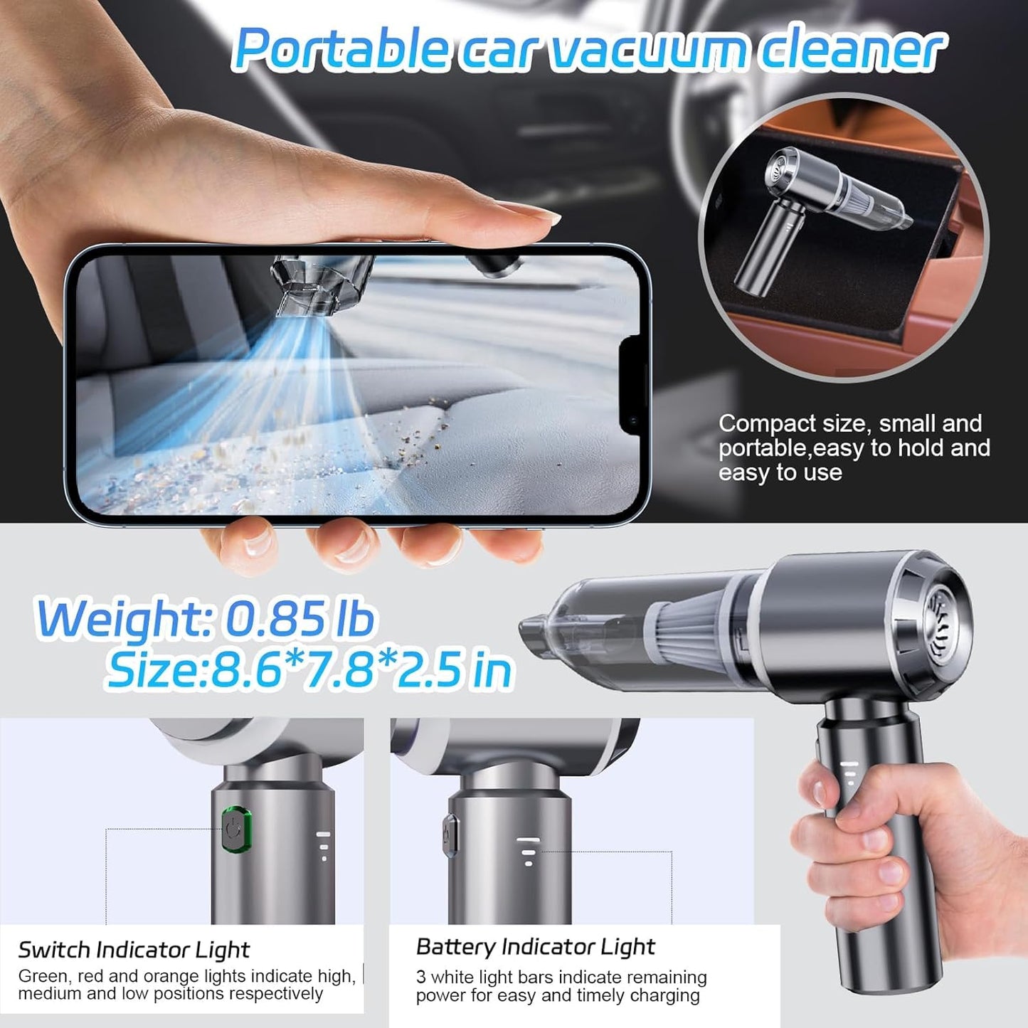 Car Vacuum Cleaner Cordless, Handheld Vacuum 22000PA High Power Suction, 4-in-1 Compressed Air Duster & Air Blower & Pump, Portable Vacuum Cleaner with 3 Gears for Home, Pet, Keyboard (Grey)