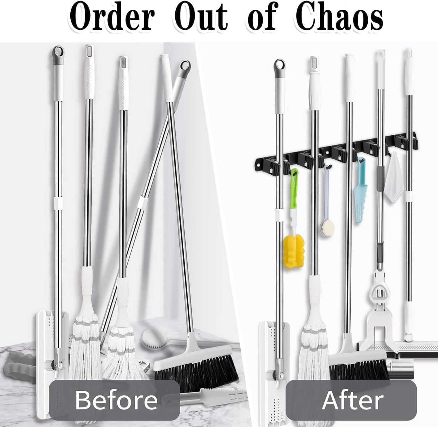 5 Racks and 4 Hooks Mop and Broom Holder Wall Mount, Broom Organizer Storage Tool Racks Stainless Steel Heavy Duty Hooks Self Adhesive Solid Non-slip for Home Kitchen Garden Laundry Garage