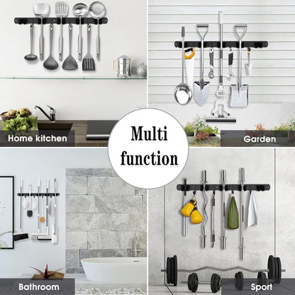 5 Racks and 4 Hooks Mop and Broom Holder Wall Mount, Broom Organizer Storage Tool Racks Stainless Steel Heavy Duty Hooks Self Adhesive Solid Non-slip for Home Kitchen Garden Laundry Garage