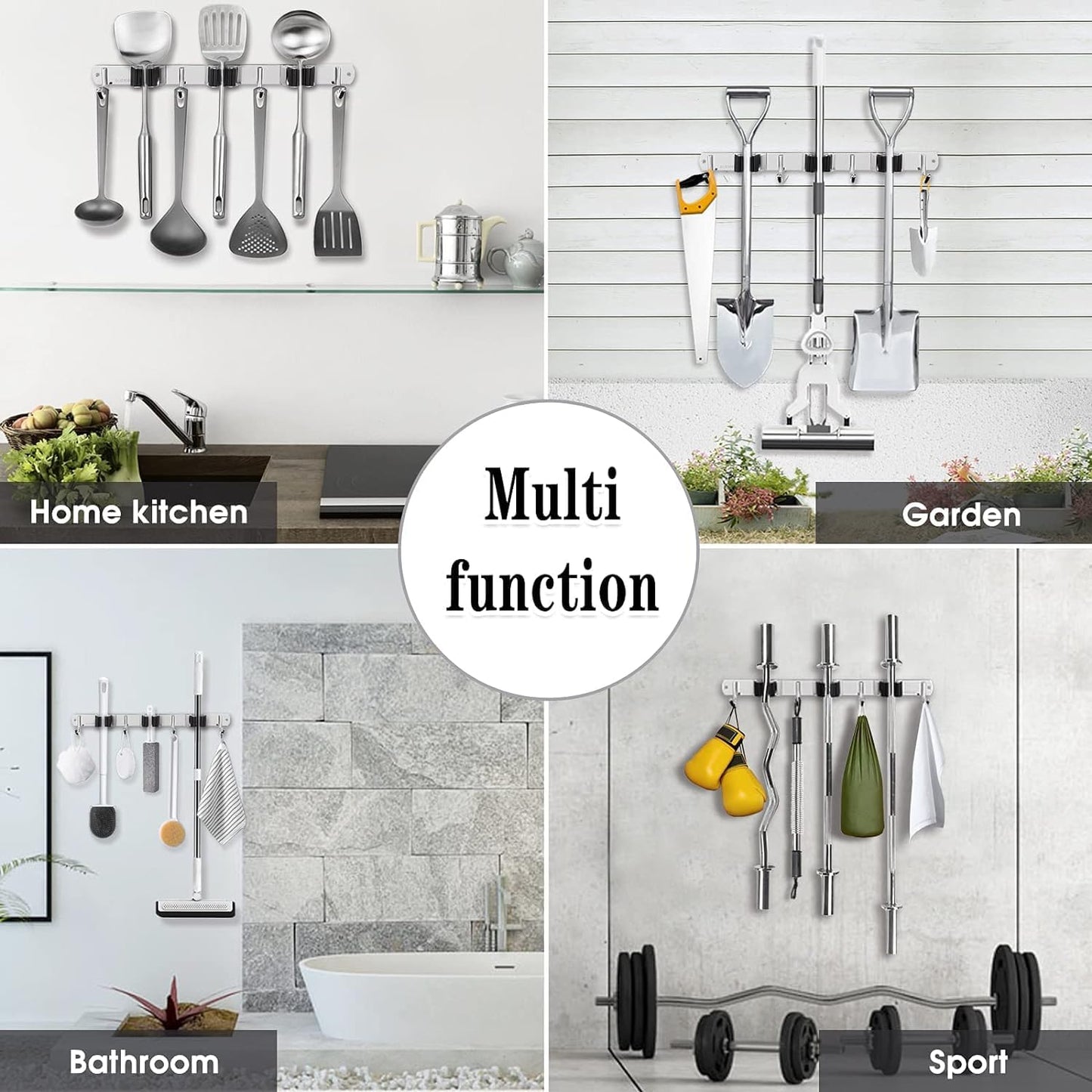 5 Racks and 4 Hooks Mop and Broom Holder Wall Mount, Broom Organizer Storage Tool Racks Stainless Steel Heavy Duty Hooks Self Adhesive Solid Non-slip for Home Kitchen Garden Laundry Garage