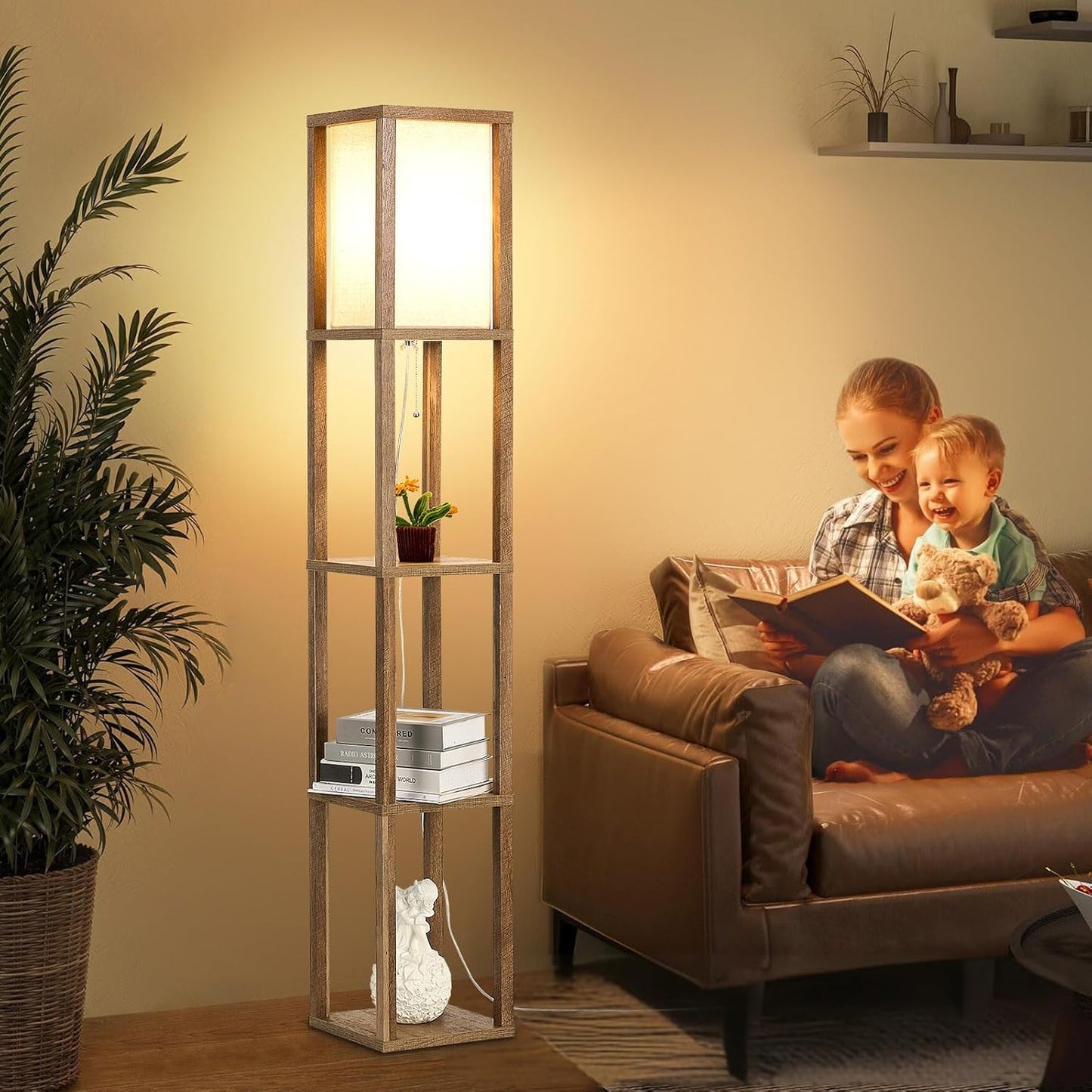 Retro Standing Lamp | Wood Finish & Linen Shade