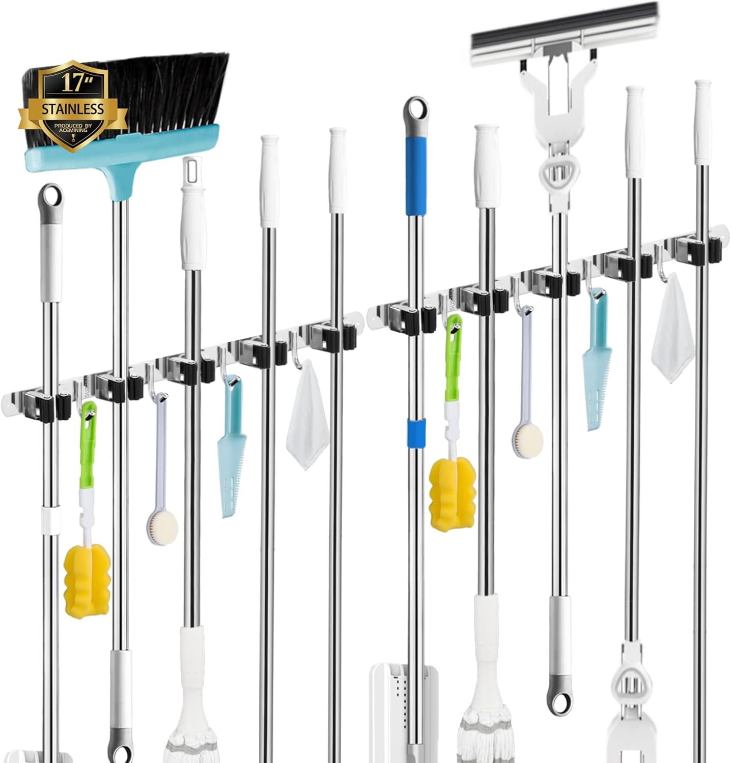 5 Racks and 4 Hooks Mop and Broom Holder Wall Mount, Broom Organizer Storage Tool Racks Stainless Steel Heavy Duty Hooks Self Adhesive Solid Non-slip for Home Kitchen Garden Laundry Garage