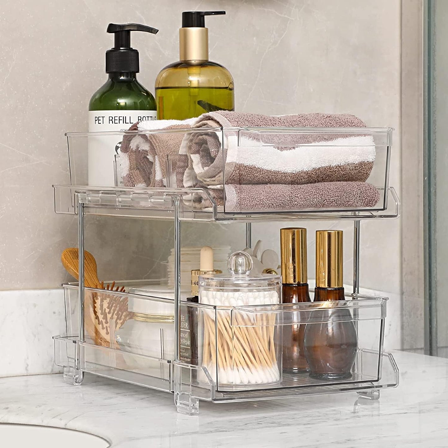Feshory 2 Tier Clear Pull Out Cabinet Organizer for Pantry [2 Pack], Kitchen Storage & Organisation - Under Sink Storage Drawer for Countertop, Medicine, Bathroom (Acrylic)