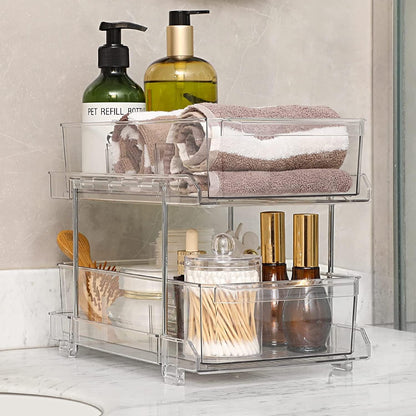 Feshory 2 Tier Clear Pull Out Cabinet Organizer for Pantry [2 Pack], Kitchen Storage & Organisation - Under Sink Storage Drawer for Countertop, Medicine, Bathroom (Acrylic)