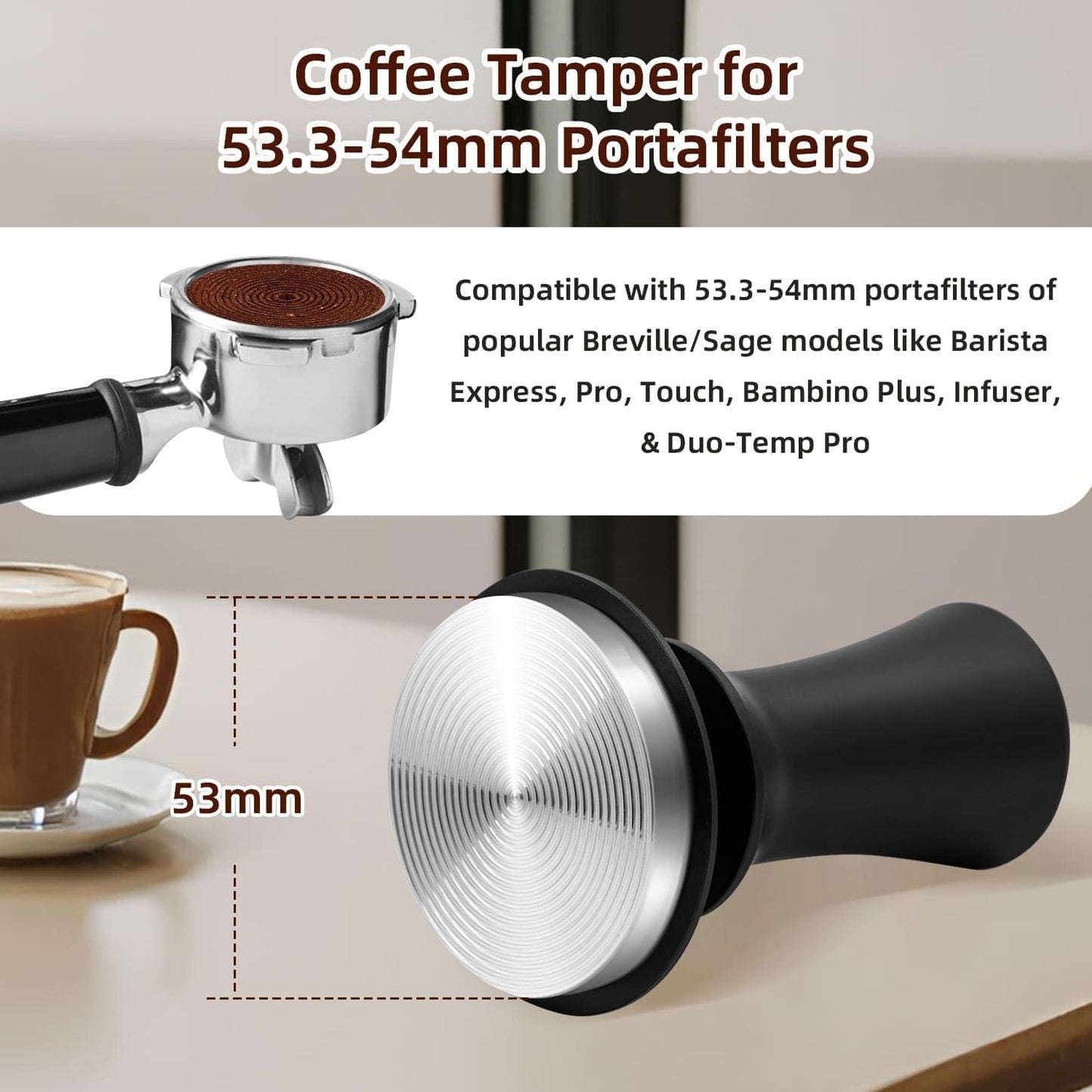 Mcbazel 53mm Espresso Tamper with 53.3-54mm portafilters,Including Popular Sage Models,53mm Adjustable Hand Coffee Tamper 304 Stainless Steel Ripple Base