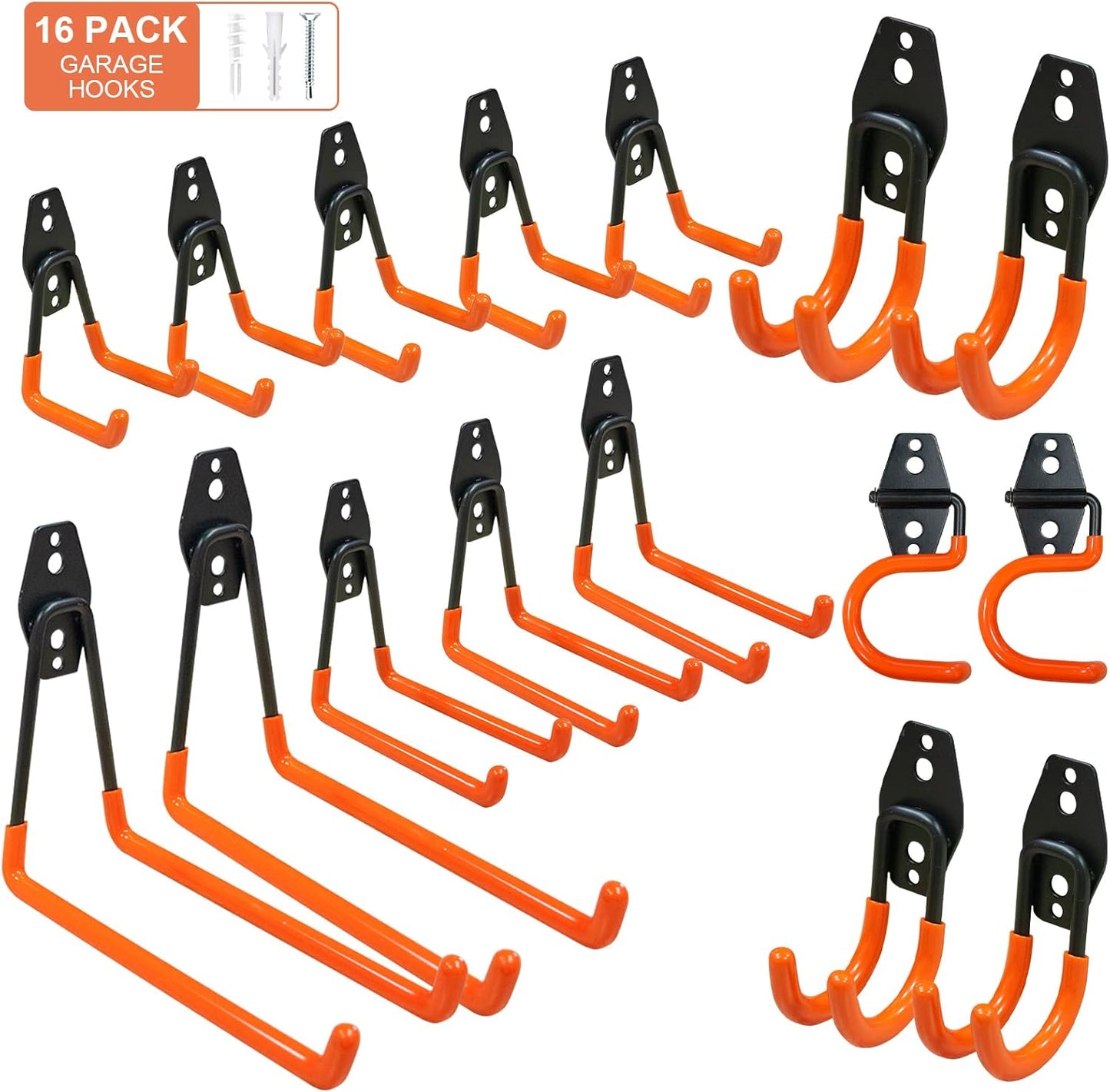 Sulishang 16 Pack Garage Hooks Heavy Duty, Utility Steel Garage Storage Hooks, Wall Mount Tool Organizer with Anti-Slip Coating for Garden Tools, Ladders, Bulky Items and More Equipment (Orange)