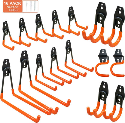 Sulishang 16 Pack Garage Hooks Heavy Duty, Utility Steel Garage Storage Hooks, Wall Mount Tool Organizer with Anti-Slip Coating for Garden Tools, Ladders, Bulky Items and More Equipment (Orange)