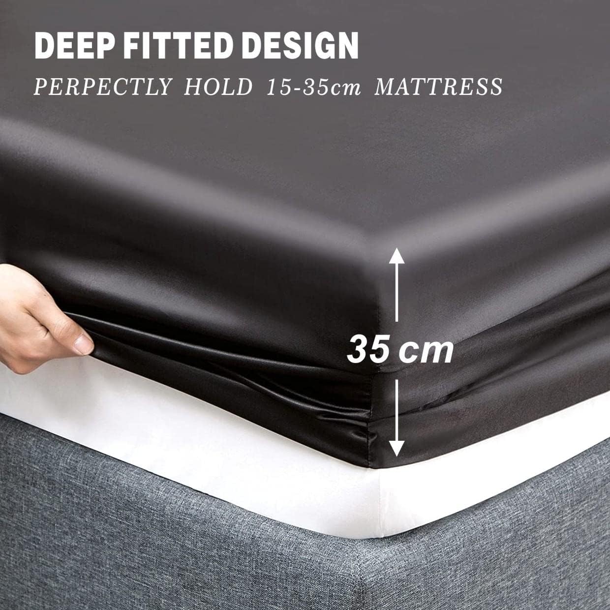 ForZzz 2000TC Art Silk Satin Queen Sheet Set Hotel 4 Pieces Fitted/Flat Sheet Bedding Set(Black,Queen)