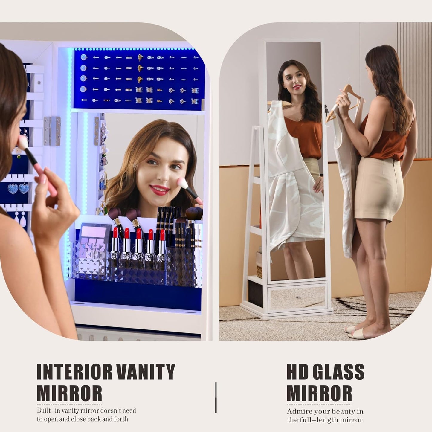 Freestanding Full-Length Mirror Jewelry Cabinet – 3-in-1 Organizer with LED Lights, Shelves & Lockable Design
