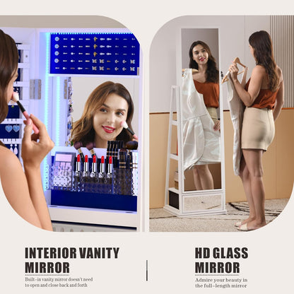Freestanding Full-Length Mirror Jewelry Cabinet – 3-in-1 Organizer with LED Lights, Shelves & Lockable Design