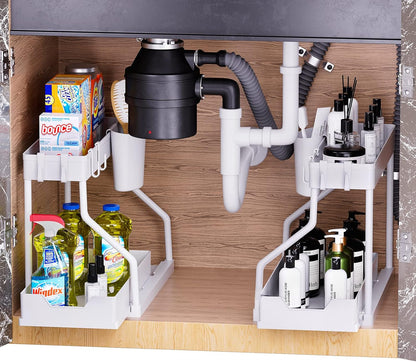 Puricon 2 Pack Under Sink Organizer, 2-Tier L-Shape Sliding Under Sink Organizers and Storage, Under Counter Storage Organizer Pull Out Under Sink Storage for Kitchen Bathroom -Black