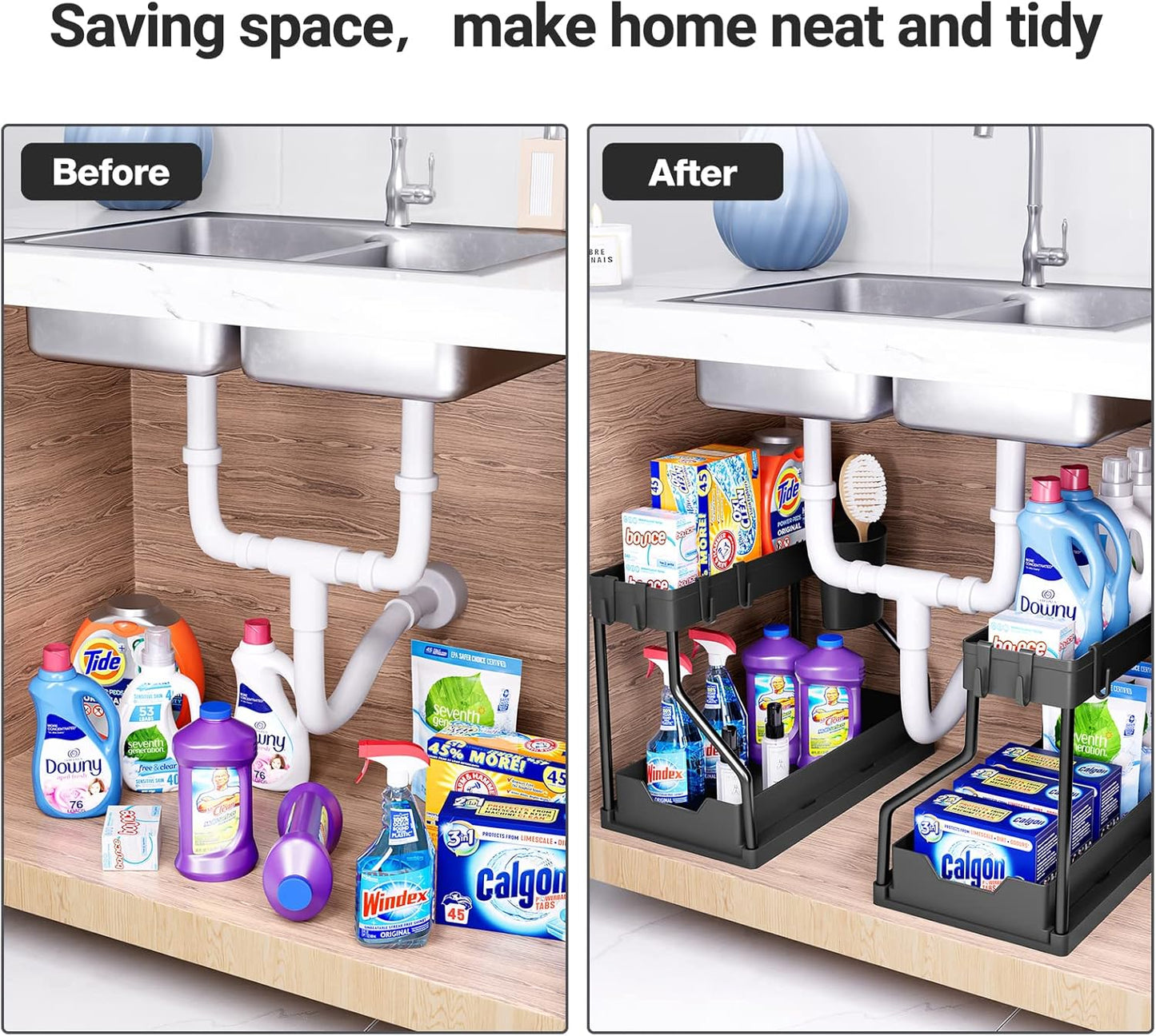 Puricon 2 Pack Under Sink Organizer, 2-Tier L-Shape Sliding Under Sink Organizers and Storage, Under Counter Storage Organizer Pull Out Under Sink Storage for Kitchen Bathroom -Black