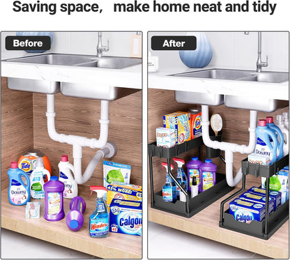 Puricon 2 Pack Under Sink Organizer, 2-Tier L-Shape Sliding Under Sink Organizers and Storage, Under Counter Storage Organizer Pull Out Under Sink Storage for Kitchen Bathroom -Black