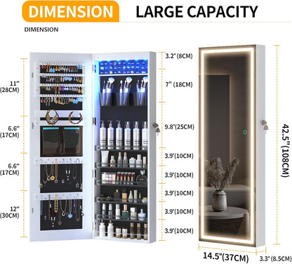Freestanding Full-Length Mirror Jewelry Cabinet – 3-in-1 Organizer with LED Lights, Shelves & Lockable Design