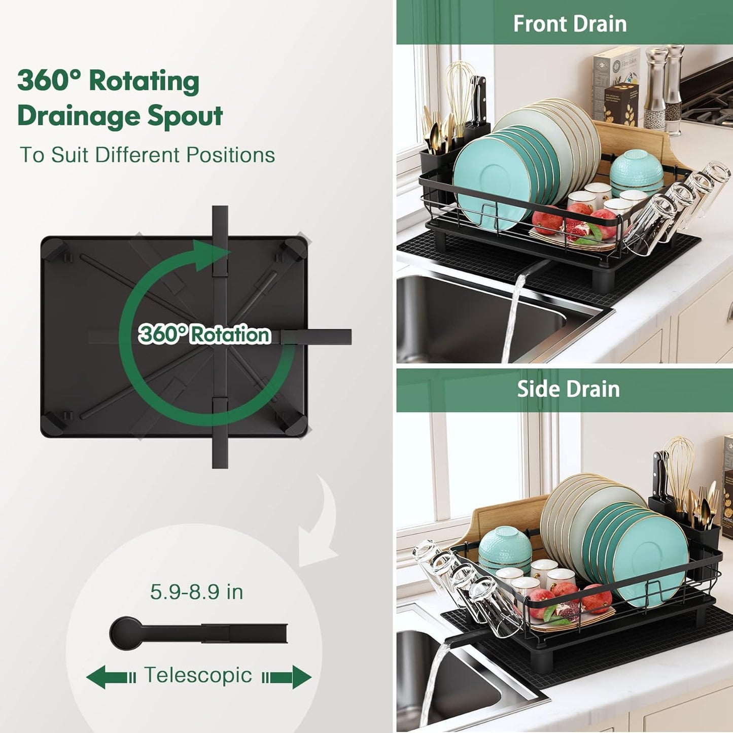 Boosiny Dish Drying Rack for Kitchen Counter, 2 Tier Dish Racks with Drainboard Set, Detachable Large Dish Drainer with Utensils Holder, Dish Drainer Rack with Extra Drying Mat, Black