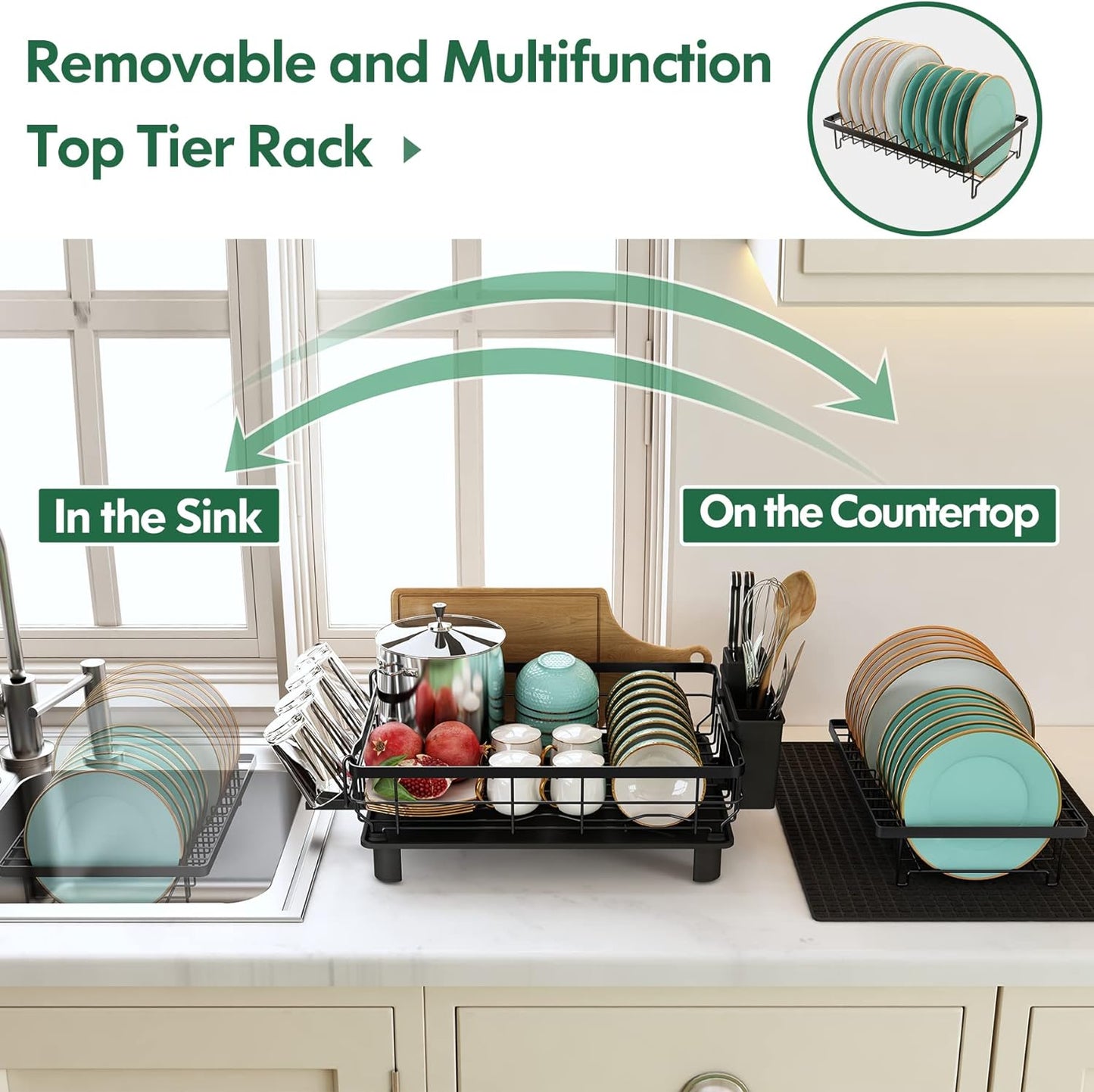 Boosiny Dish Drying Rack for Kitchen Counter, 2 Tier Dish Racks with Drainboard Set, Detachable Large Dish Drainer with Utensils Holder, Dish Drainer Rack with Extra Drying Mat, Black