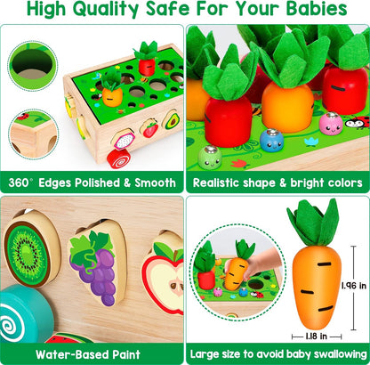 BAYSING Montessori Toys for 2,3,4 Year Old Baby Boys and Girls, Carrots Harvest Game, Wooden Shape Sorting Toys for Toddlers, Kids Age 1-3, Wood Preschool Learning Fine Motor Skills Game