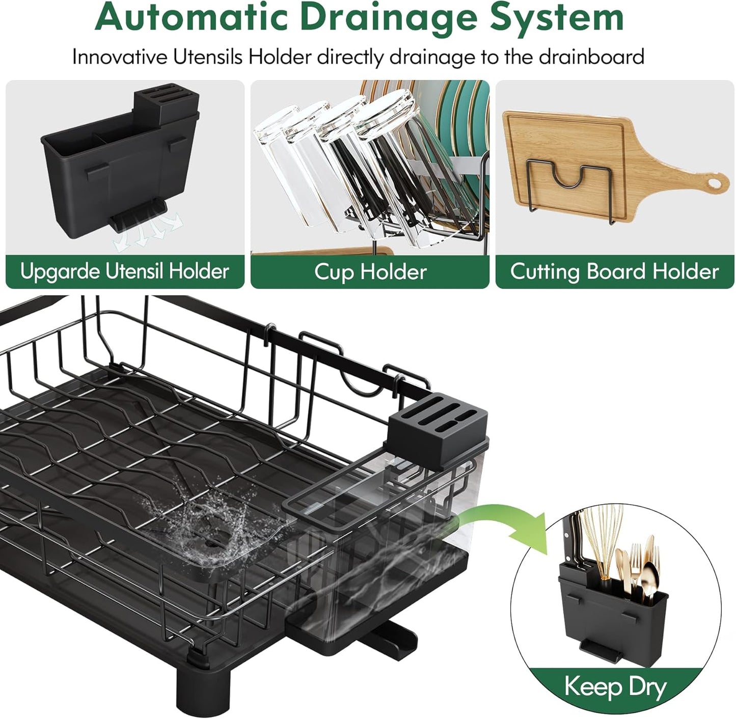 Boosiny Dish Drying Rack for Kitchen Counter, 2 Tier Dish Racks with Drainboard Set, Detachable Large Dish Drainer with Utensils Holder, Dish Drainer Rack with Extra Drying Mat, Black
