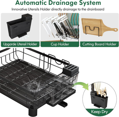 Boosiny Dish Drying Rack for Kitchen Counter, 2 Tier Dish Racks with Drainboard Set, Detachable Large Dish Drainer with Utensils Holder, Dish Drainer Rack with Extra Drying Mat, Black
