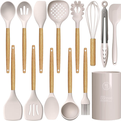 14-Piece Silicone Kitchen Utensil Set with Wooden Handles