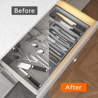 Lifewit Cutlery Drawer Organiser, Expandable Utensil Tray for Kitchen, Adjustable Silverware and Flatware Holder, Compact Plastic Storage for Spoons Forks Knives, Large, Black