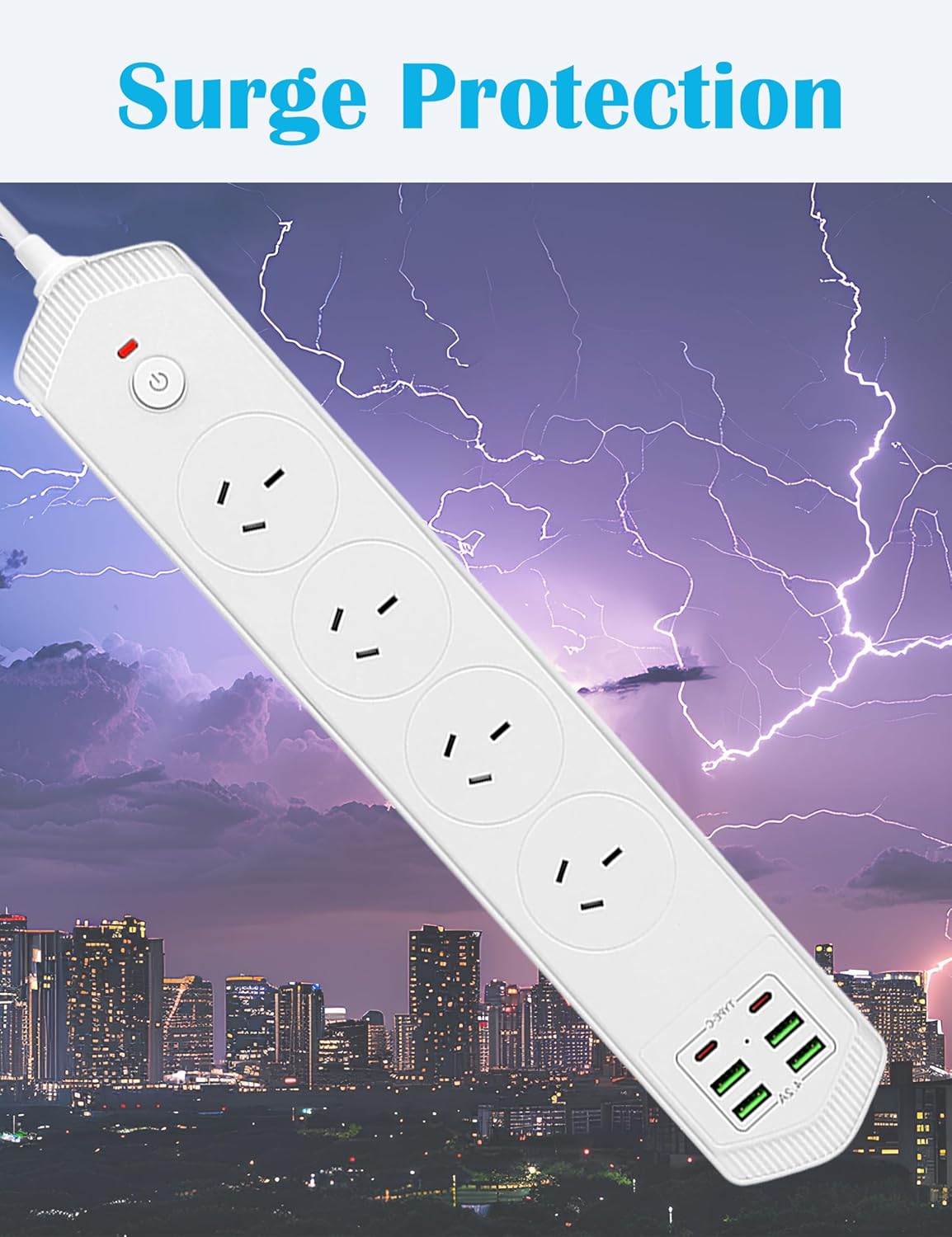 Power Board Surge Protector with USB, FINELAKEFOSEA 3000W Power Strip with 2 USB C & 4 USB A Ports, 2M Meter Extension Cord with Switch & 4 Outlets, Power Strip for Home Office Travel Dorm Desk
