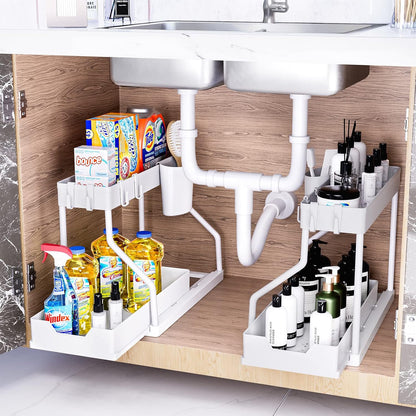 Puricon 2 Pack Under Sink Organizer, 2-Tier L-Shape Sliding Under Sink Organizers and Storage, Under Counter Storage Organizer Pull Out Under Sink Storage for Kitchen Bathroom -Black