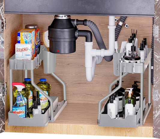 Puricon 2 Pack Under Sink Organizer, 2-Tier L-Shape Sliding Under Sink Organizers and Storage, Under Counter Storage Organizer Pull Out Under Sink Storage for Kitchen Bathroom -Black