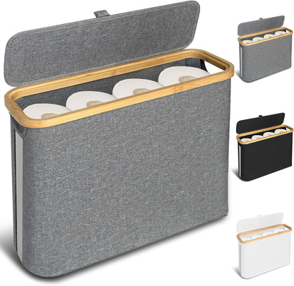 FYL Toilet Roll Storage, Toilet Paper Storage, Portable Foldable Water-Repllent Bamboo Toilet Paper 12 Rolls Holder Storage With Handle For Bathroom (White)
