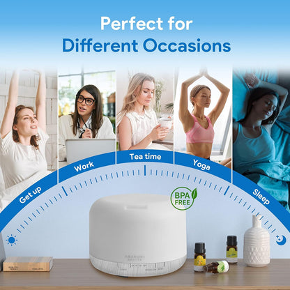 ASAKUKI 500ml Essential Oil Diffuser, 5 in 1 Ultrasonic Aromatherapy Fragrant Oil Diffusers, Vaporizer Humidifier with Remote Control, Timer, Auto-Off Safety Switch, 7 LED Light Colors