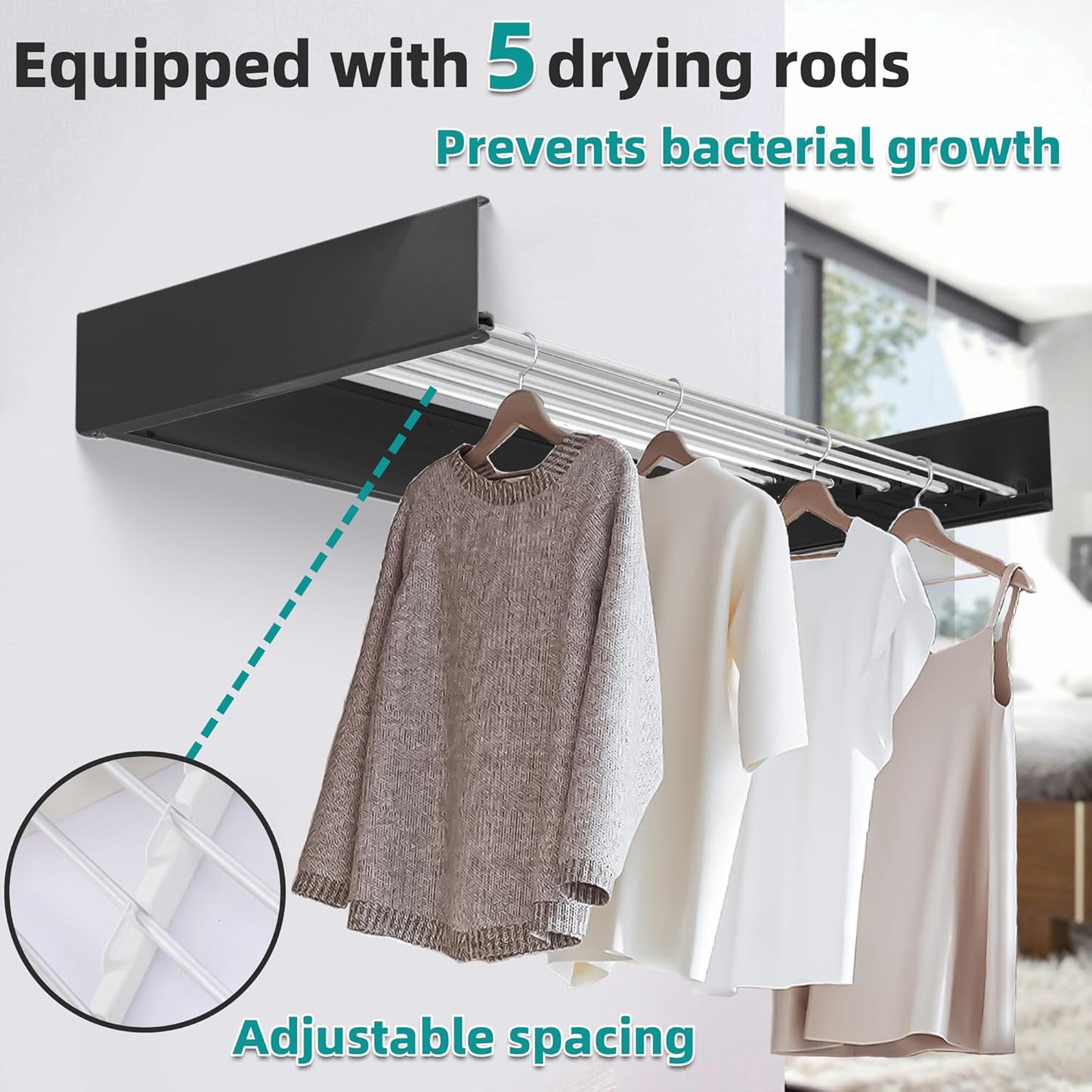 Laundry Drying Rack Collapsible, Wall Mounted, Clothes Drying Rack, 31.5" Wide, 13.1 Linear Ft, 5 Aluminum Rods, 45 lb Capacity, with Wall Template, Screwdriver Bit(White)