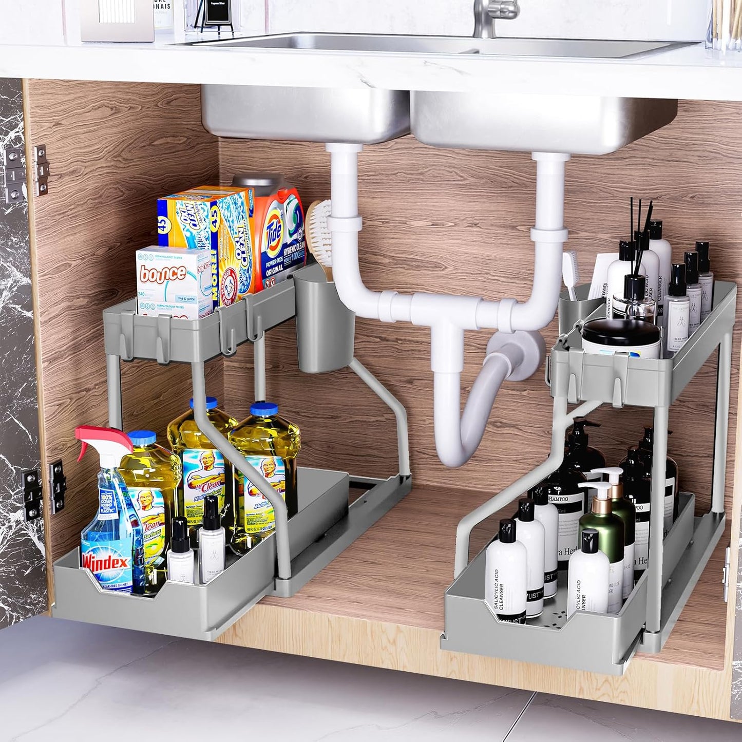 Puricon 2 Pack Under Sink Organizer, 2-Tier L-Shape Sliding Under Sink Organizers and Storage, Under Counter Storage Organizer Pull Out Under Sink Storage for Kitchen Bathroom -Black