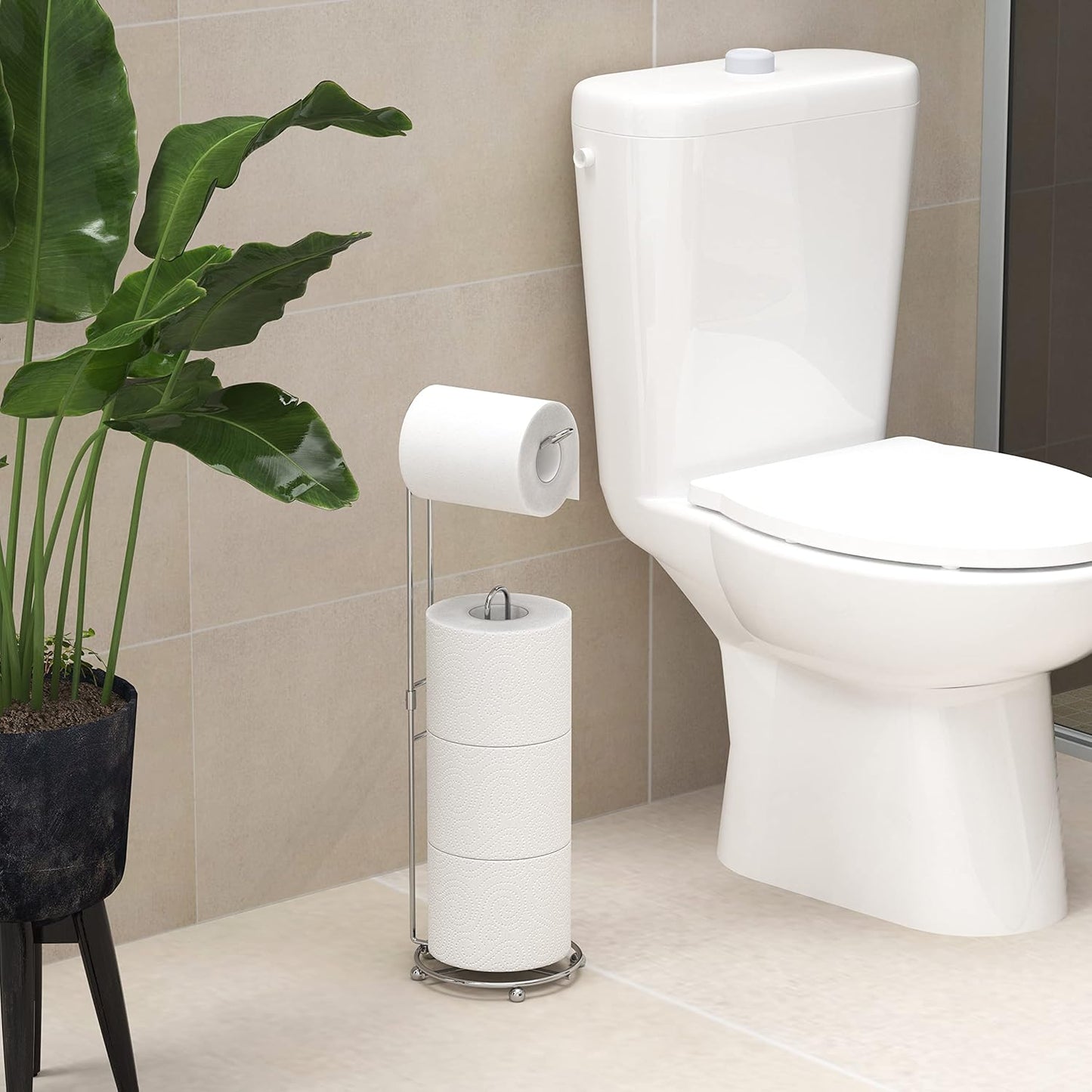 Freestanding Chrome Toilet Paper Stand | Modern Bathroom Roll Holder