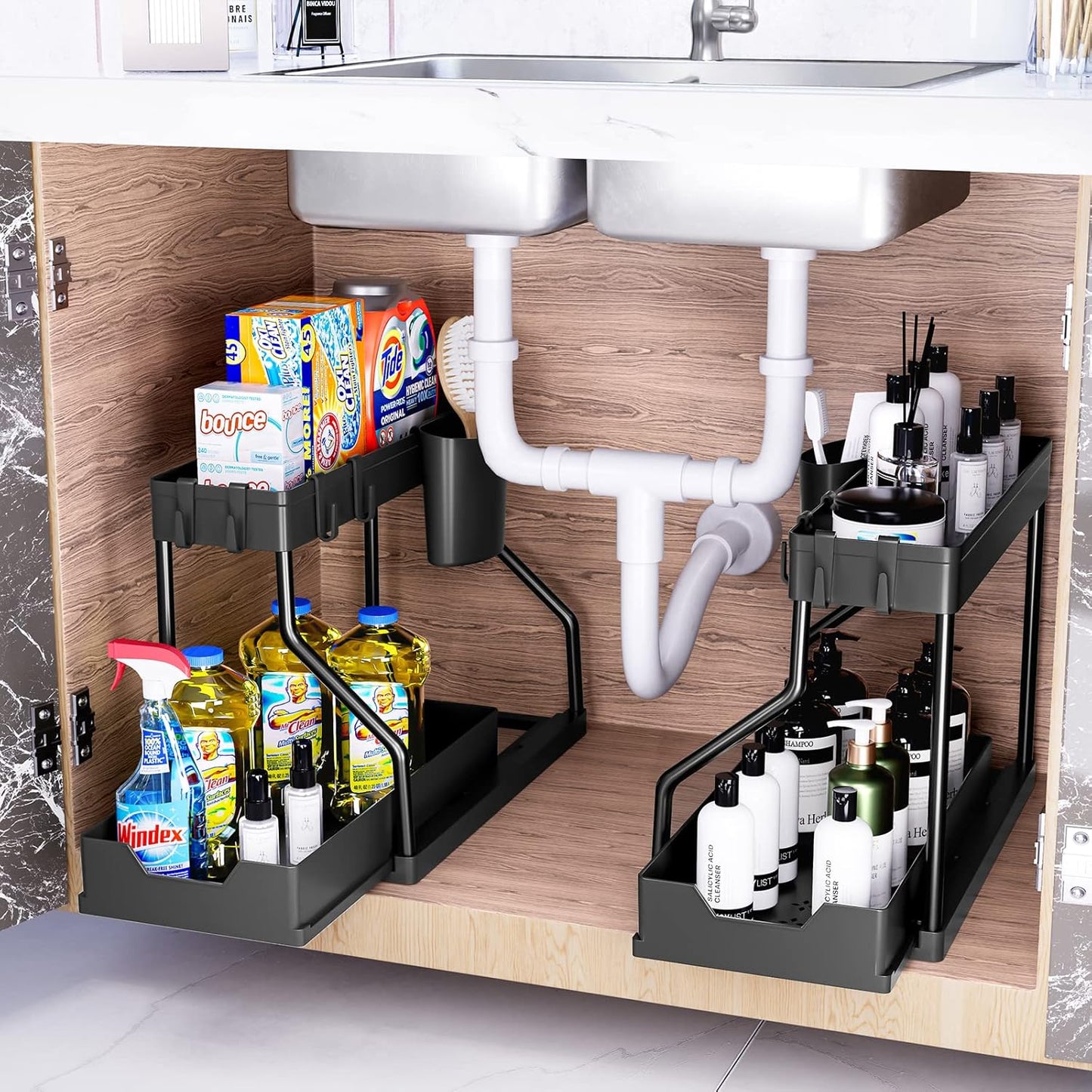 Puricon 2 Pack Under Sink Organizer, 2-Tier L-Shape Sliding Under Sink Organizers and Storage, Under Counter Storage Organizer Pull Out Under Sink Storage for Kitchen Bathroom -Black
