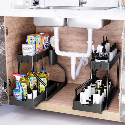 Puricon 2 Pack Under Sink Organizer, 2-Tier L-Shape Sliding Under Sink Organizers and Storage, Under Counter Storage Organizer Pull Out Under Sink Storage for Kitchen Bathroom -Black