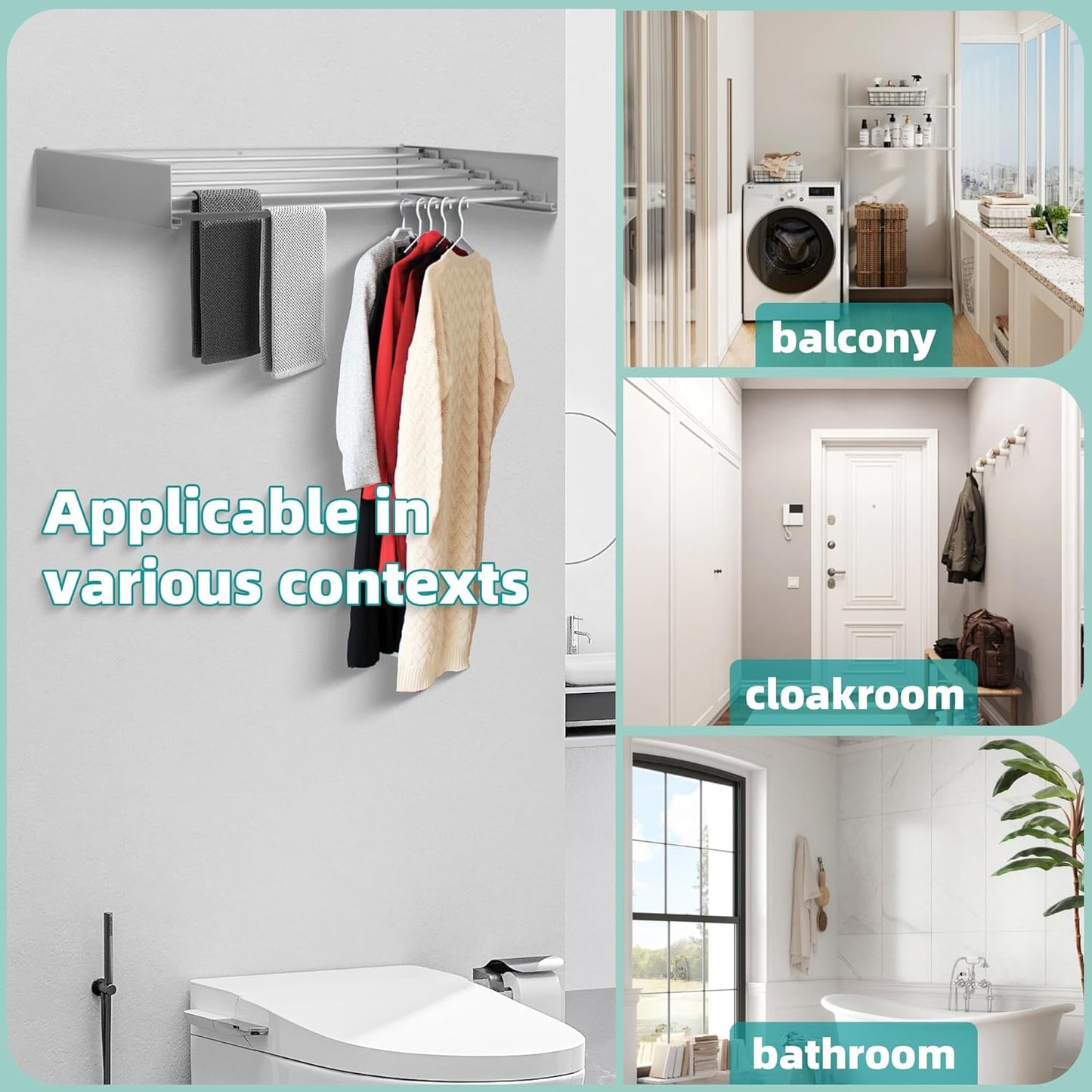 Laundry Drying Rack Collapsible, Wall Mounted, Clothes Drying Rack, 31.5" Wide, 13.1 Linear Ft, 5 Aluminum Rods, 45 lb Capacity, with Wall Template, Screwdriver Bit(White)