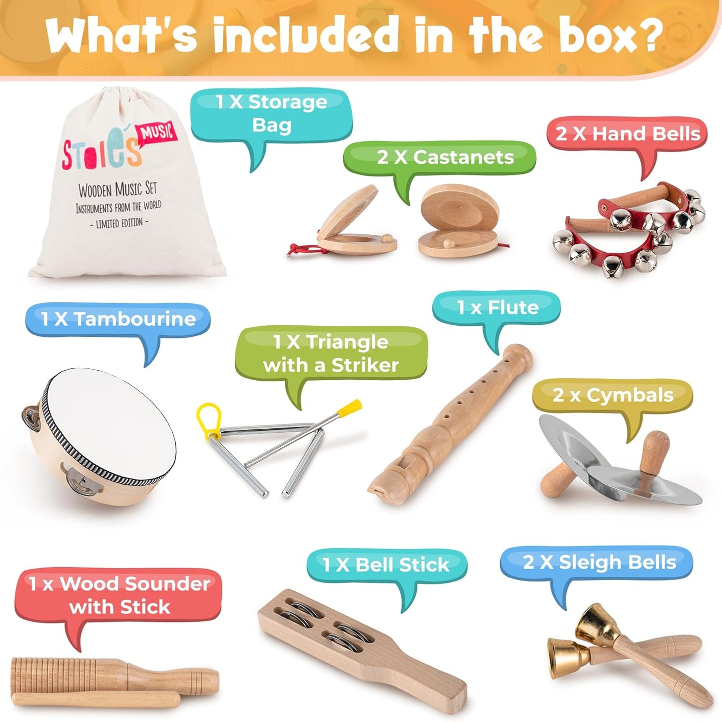 Stoie's Wooden Musical Instruments for Toddlers 1-3, Montessori Music Toys for 1 Year Old, with Xylophone, Tambourine and Maracas, Educational Development and Creativity, Baby Musical Instruments