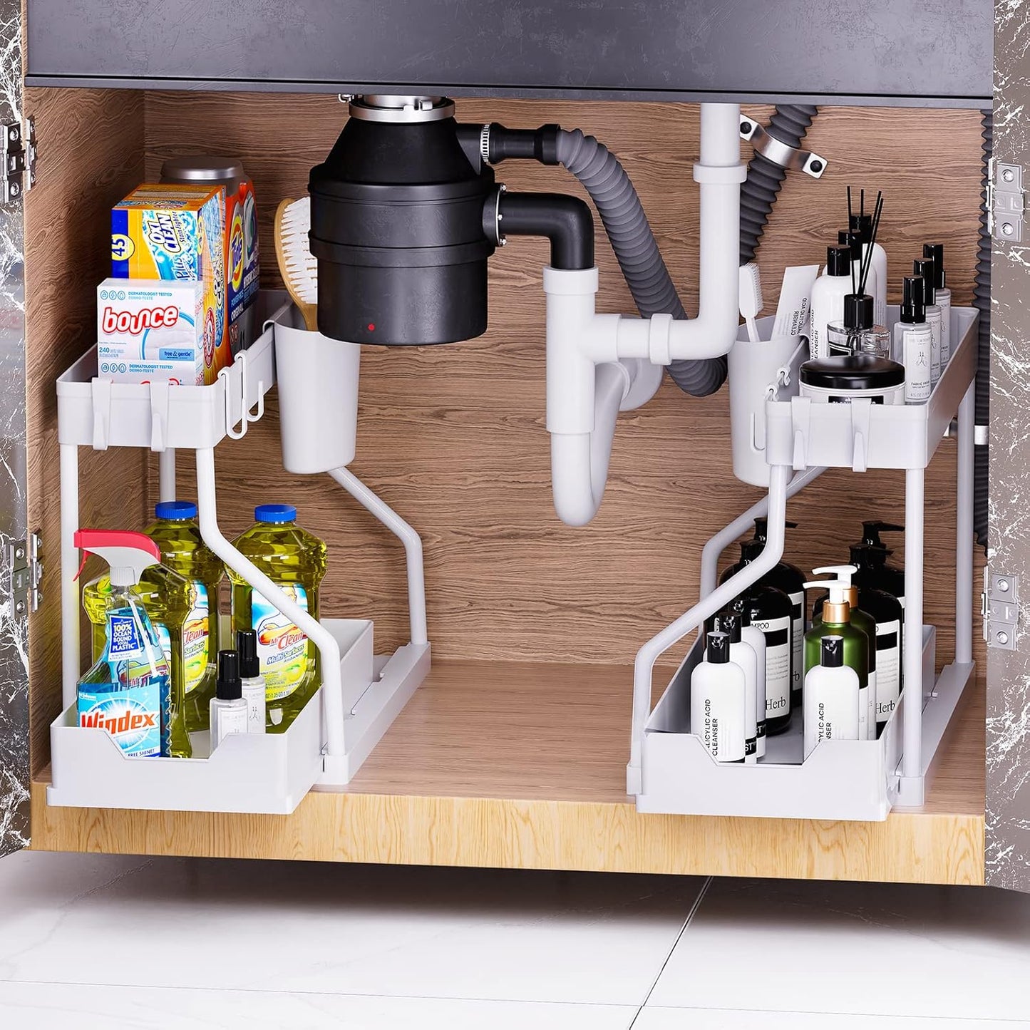 Puricon 2 Pack Under Sink Organizer, 2-Tier L-Shape Sliding Under Sink Organizers and Storage, Under Counter Storage Organizer Pull Out Under Sink Storage for Kitchen Bathroom -Black