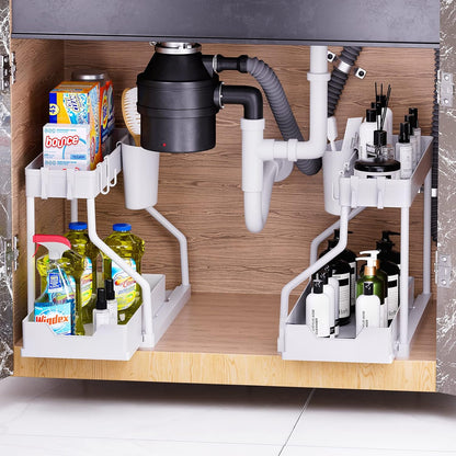 Puricon 2 Pack Under Sink Organizer, 2-Tier L-Shape Sliding Under Sink Organizers and Storage, Under Counter Storage Organizer Pull Out Under Sink Storage for Kitchen Bathroom -Black