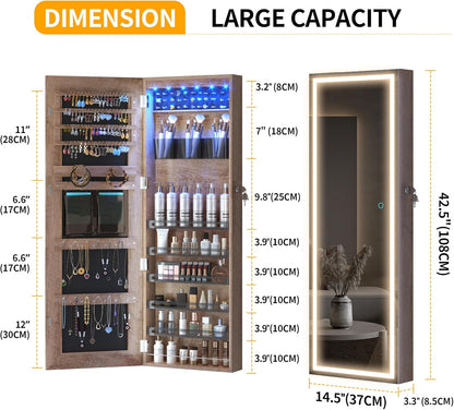 Freestanding Full-Length Mirror Jewelry Cabinet – 3-in-1 Organizer with LED Lights, Shelves & Lockable Design