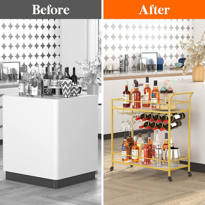 Drinks Trolley on Wheels | Gold 2-Tier Bar Cart with Wine Racks