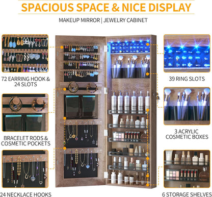 Freestanding Full-Length Mirror Jewelry Cabinet – 3-in-1 Organizer with LED Lights, Shelves & Lockable Design