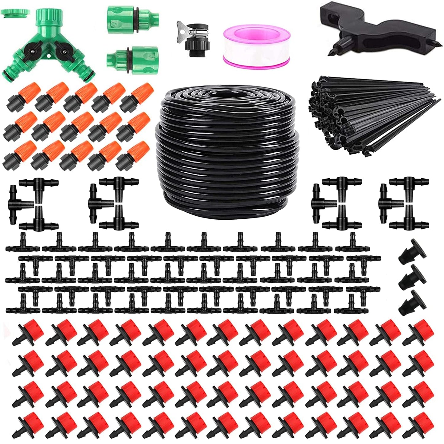 Tivddikun Drip Irrigation Kit, 360° Bendable Watering System with 49FT/15M Drip Irrigation Hose, 20 T-joints, 15 Adjustable Brass Misting Nozzles, 10 Fixed Stems, Anti-blocked Universal Faucet Adapter