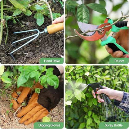 Grenebo Gardening Tools 9-Piece Heavy Duty Gardening Hand Tools with Fashion and Durable Garden Tools Organizer Handbag,Rust-Proof Garden Tool Set, Ideal Gardening Gifts for Women