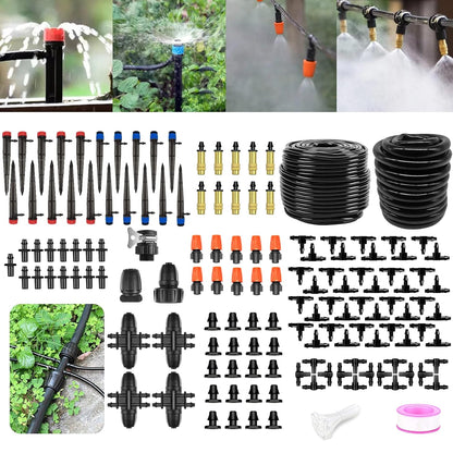 Tivddikun Drip Irrigation Kit, 360° Bendable Watering System with 49FT/15M Drip Irrigation Hose, 20 T-joints, 15 Adjustable Brass Misting Nozzles, 10 Fixed Stems, Anti-blocked Universal Faucet Adapter