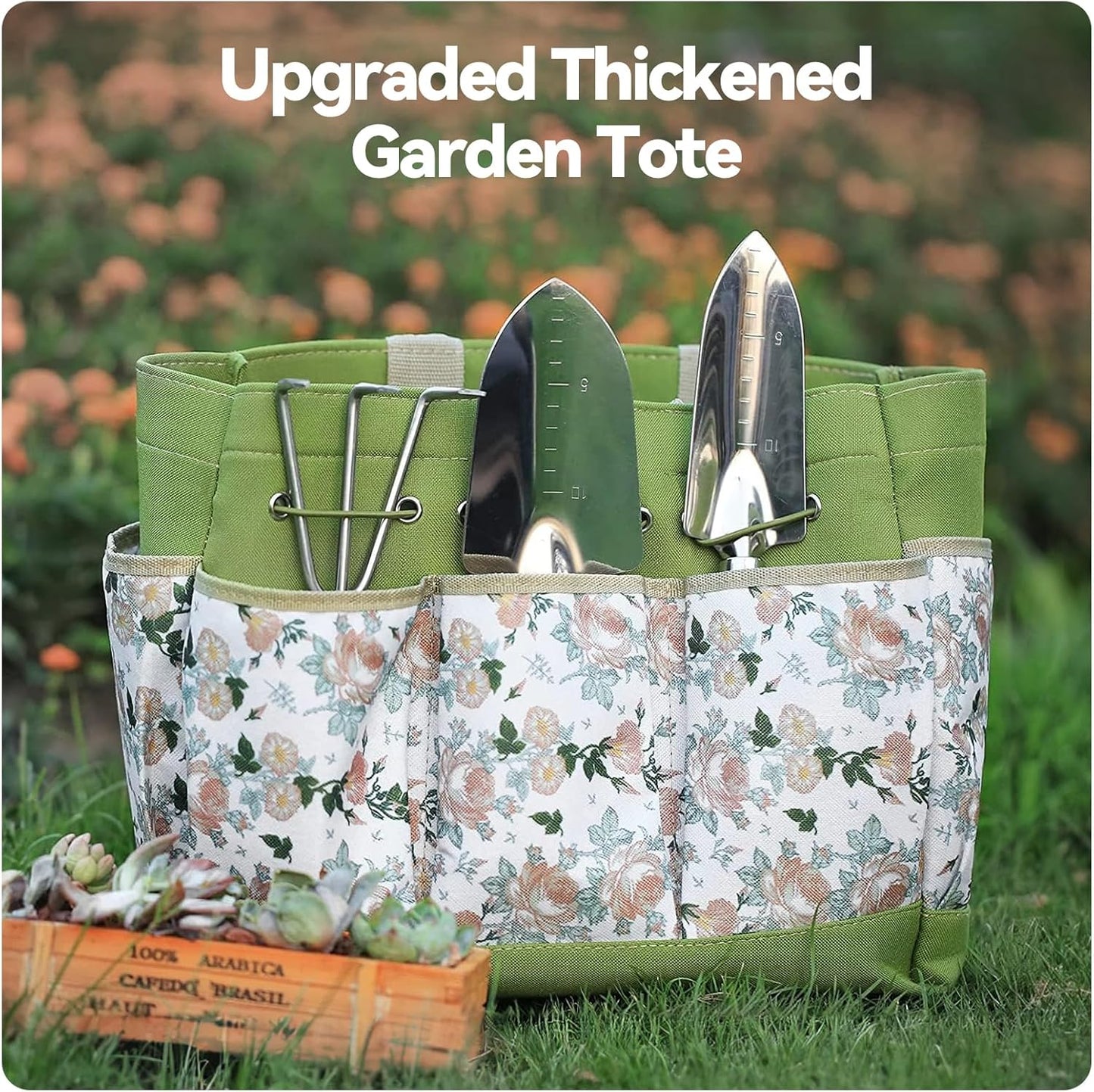 Grenebo Gardening Tools 9-Piece Heavy Duty Gardening Hand Tools with Fashion and Durable Garden Tools Organizer Handbag,Rust-Proof Garden Tool Set, Ideal Gardening Gifts for Women