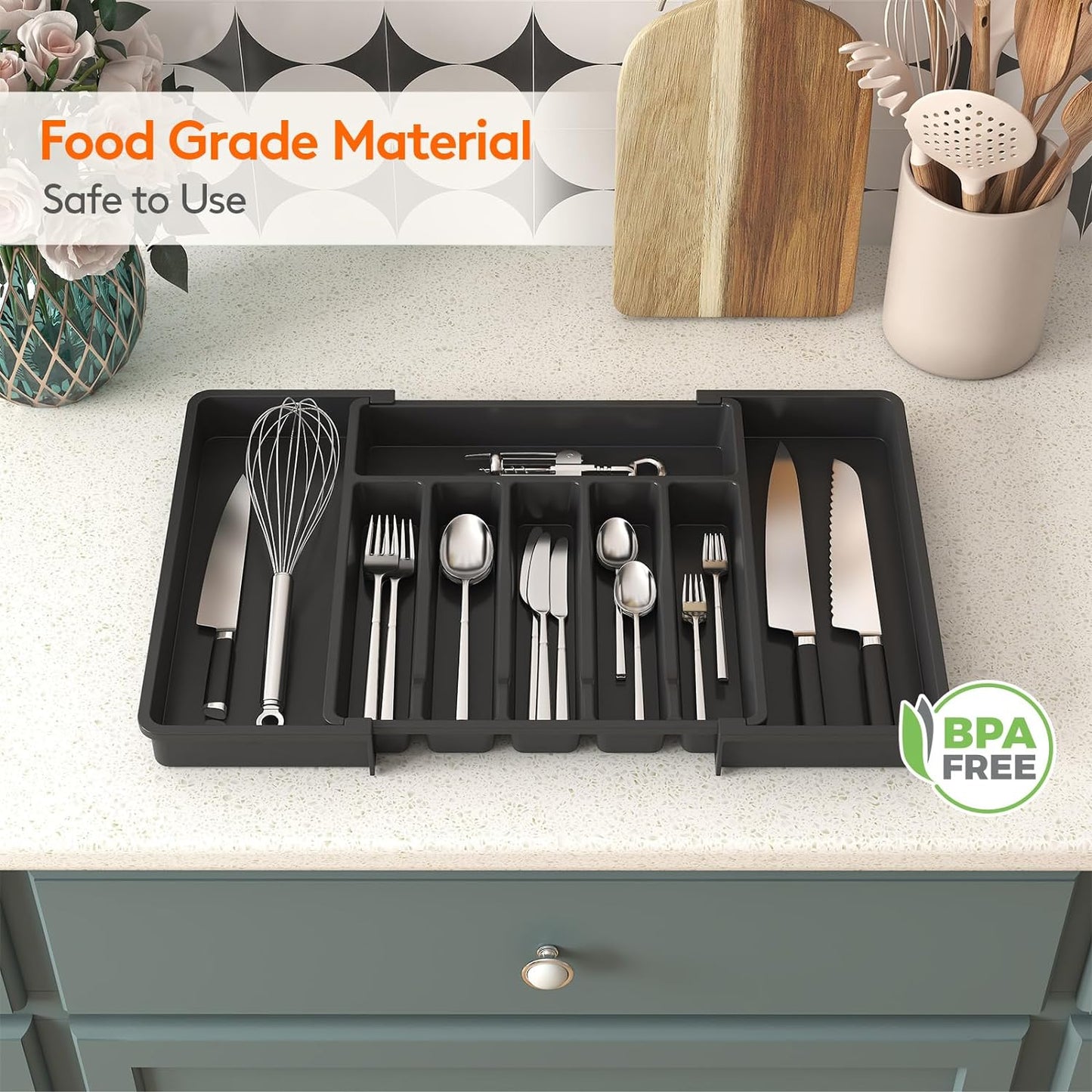 Lifewit Cutlery Drawer Organiser, Expandable Utensil Tray for Kitchen, Adjustable Silverware and Flatware Holder, Compact Plastic Storage for Spoons Forks Knives, Large, Black